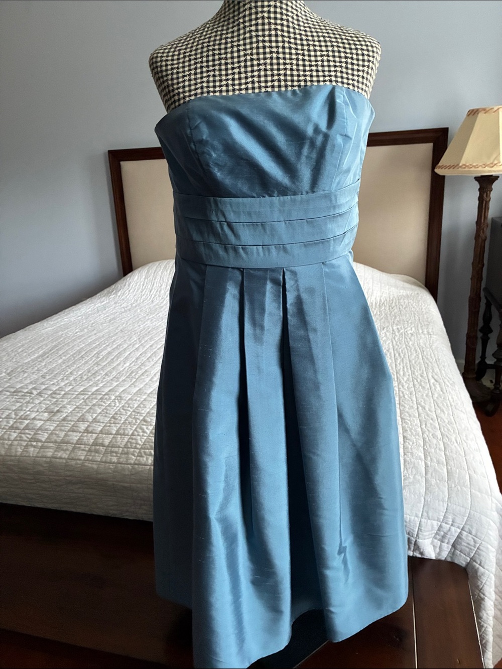 Ann Taylor Strapless Pleated Midi Dress in Steel Blue